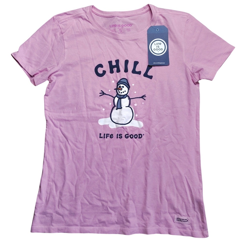 Life is Good T-Shirt Womens Small Pink NWT Chill Snowman Graphic Crusher Tee